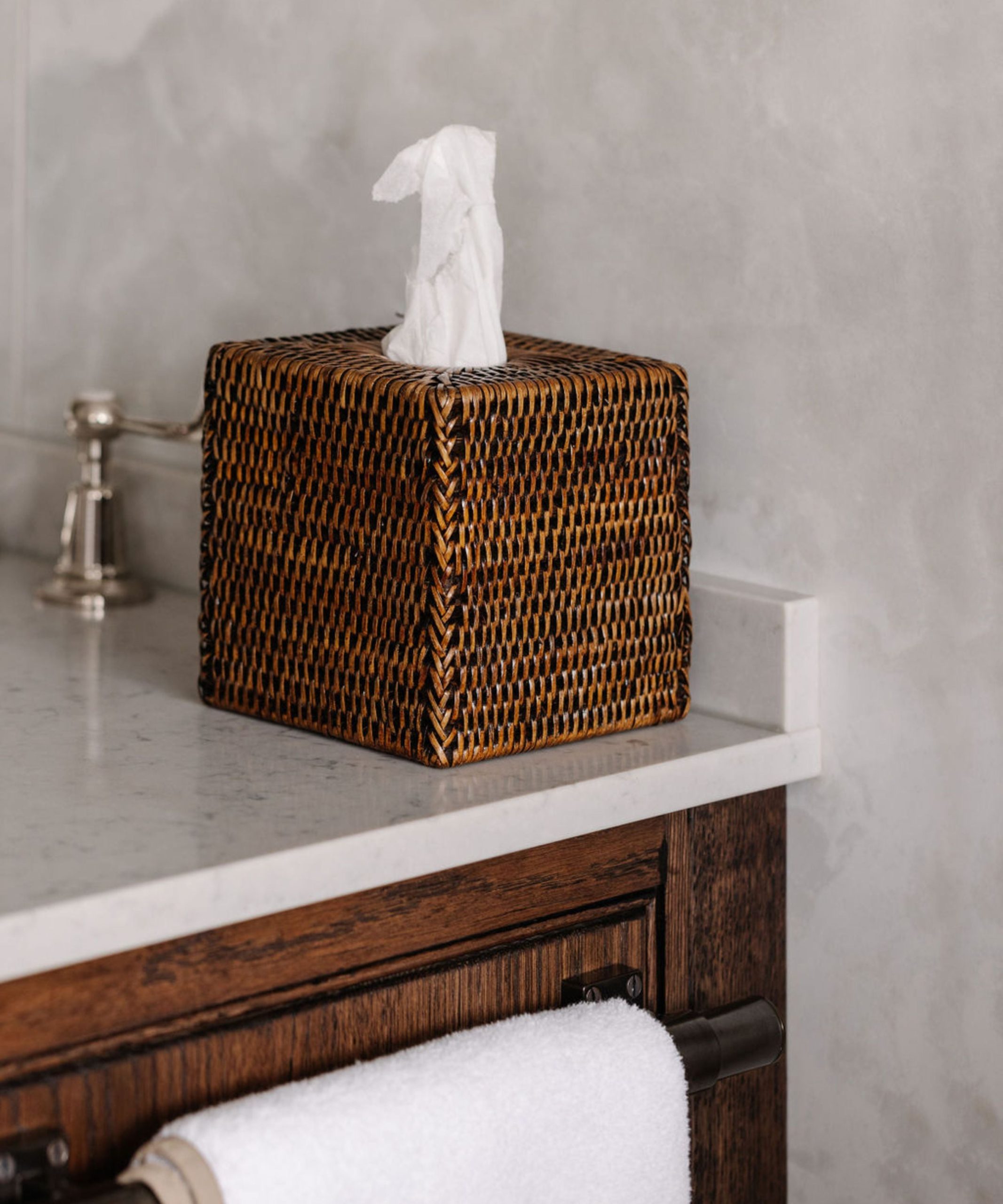 Brown rattan tissue box cover, room view